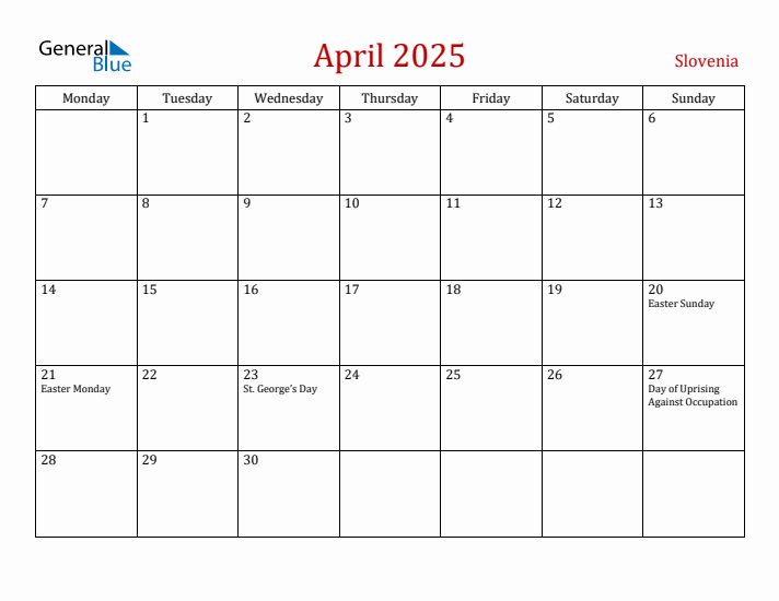 Slovenia April 2025 Calendar - Monday Start