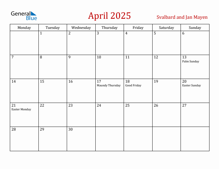 Svalbard and Jan Mayen April 2025 Calendar - Monday Start