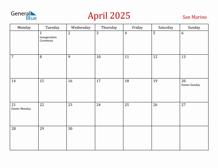 April 2025 San Marino Monthly Calendar with Holidays