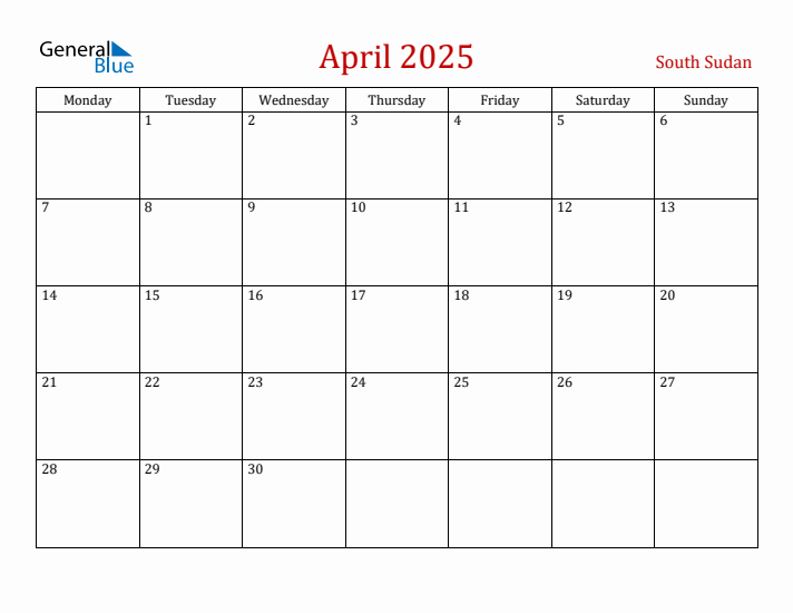South Sudan April 2025 Calendar - Monday Start