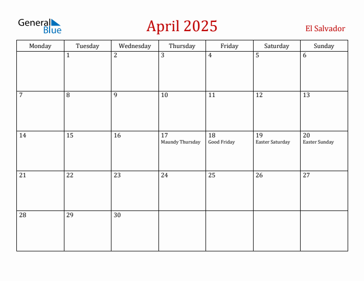 El Salvador April 2025 Calendar - Monday Start