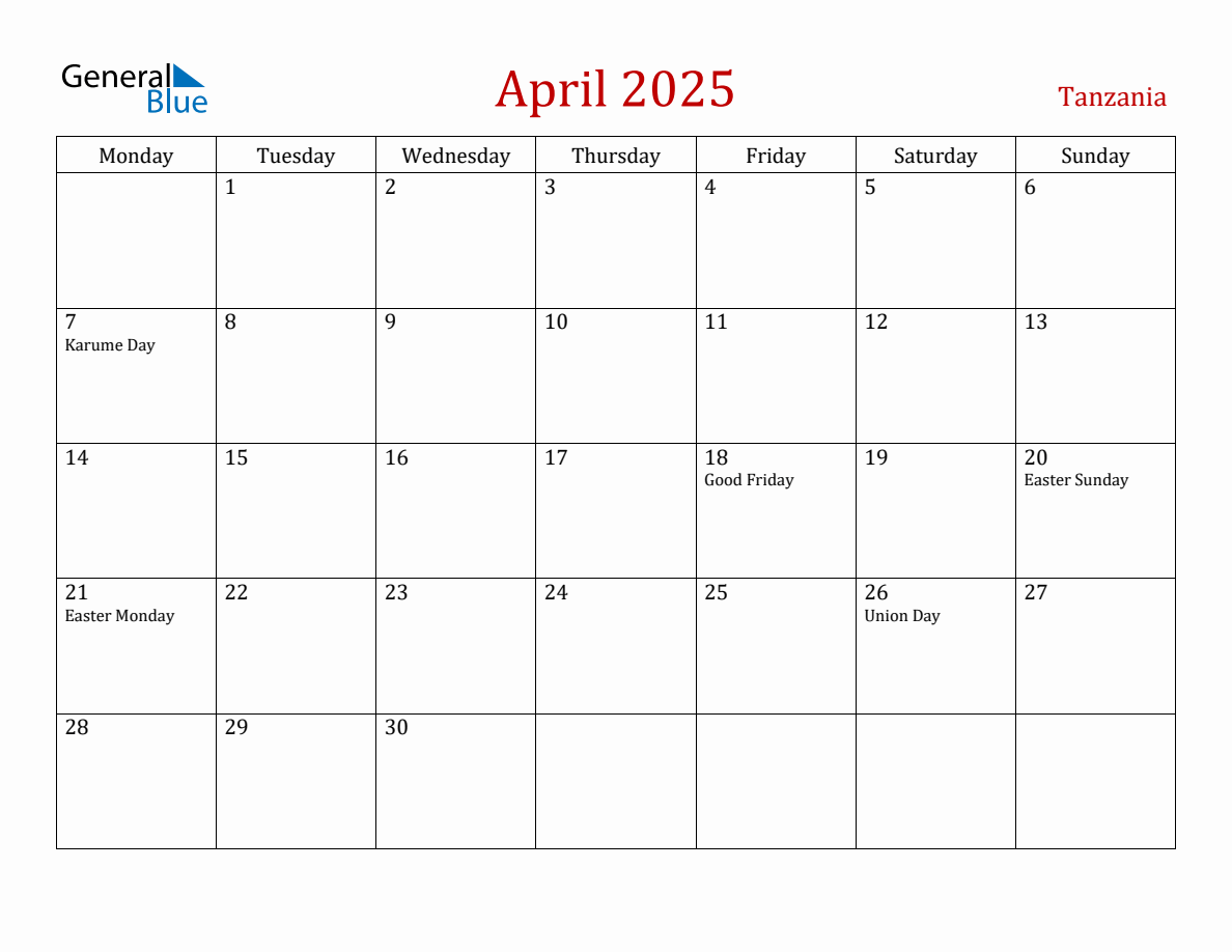 April 2025 Tanzania Monthly Calendar with Holidays