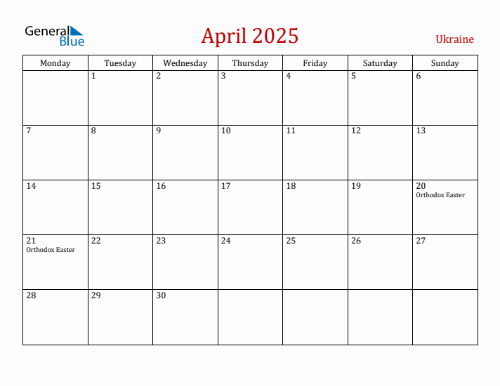 Ukraine April 2025 Calendar - Monday Start