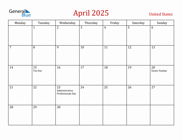 United States April 2025 Calendar - Monday Start