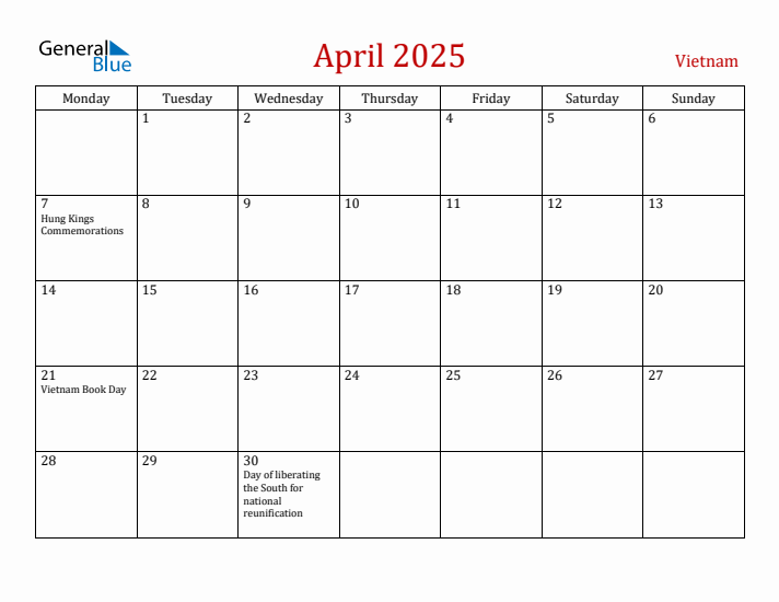 Vietnam April 2025 Calendar - Monday Start