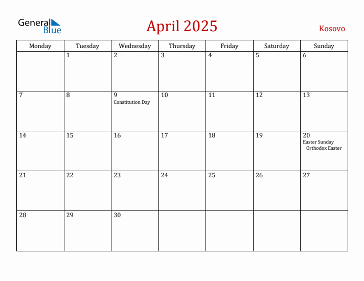 Kosovo April 2025 Calendar - Monday Start