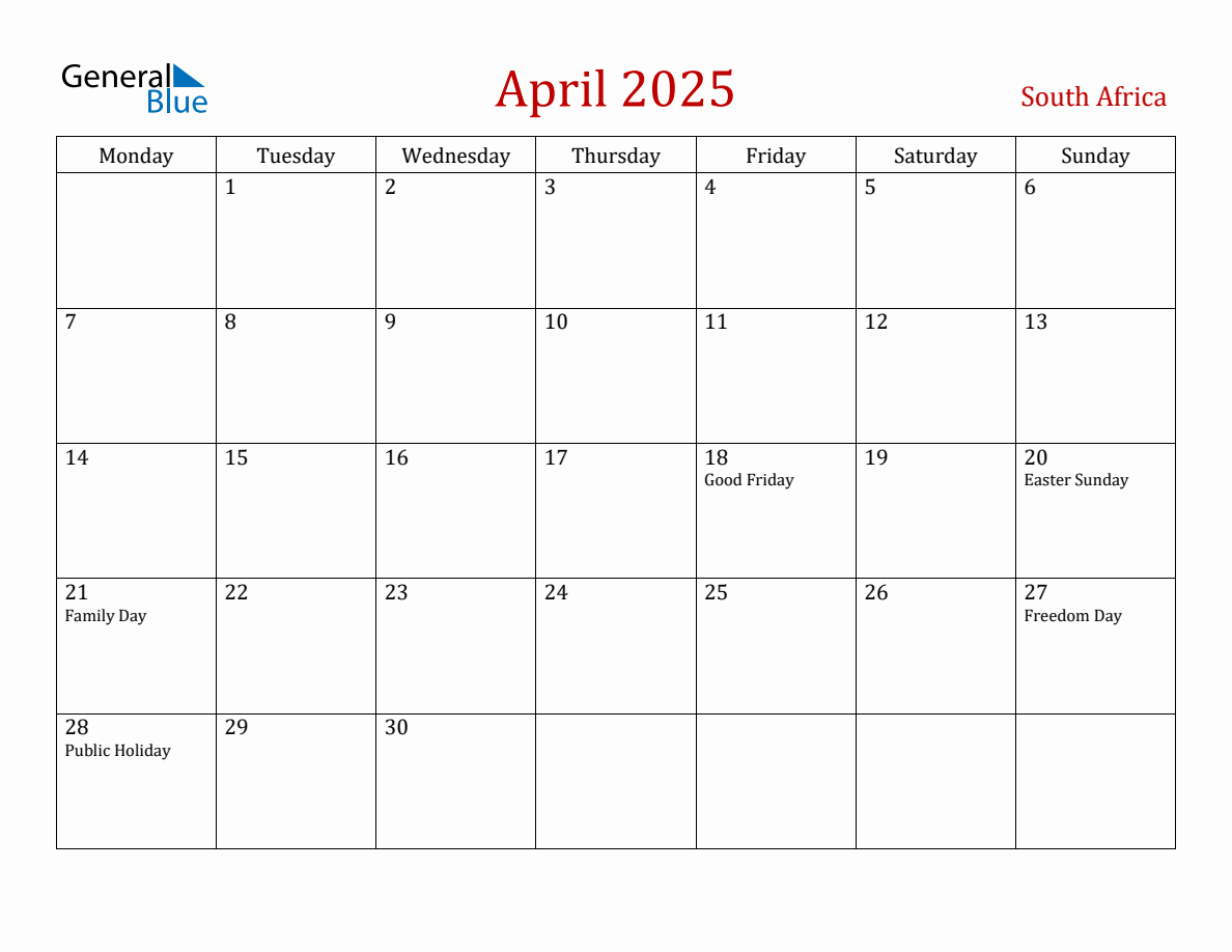 April 2025 South Africa Monthly Calendar with Holidays