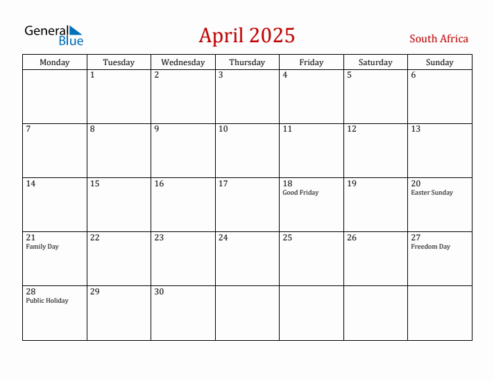 South Africa April 2025 Calendar - Monday Start