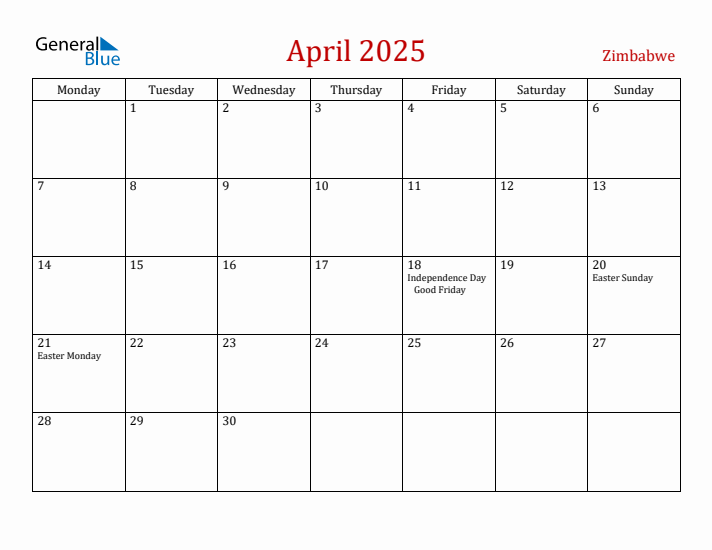 Zimbabwe April 2025 Calendar - Monday Start