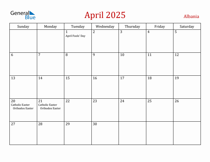 Albania April 2025 Calendar - Sunday Start