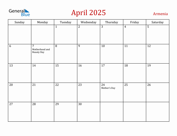 Armenia April 2025 Calendar - Sunday Start