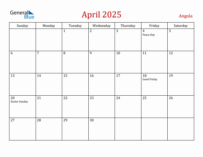 Angola April 2025 Calendar - Sunday Start