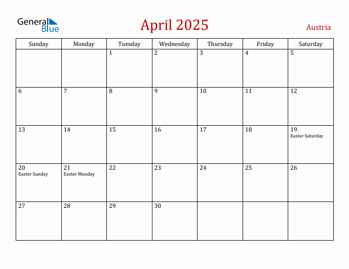 Austria April 2025 Calendar - Sunday Start