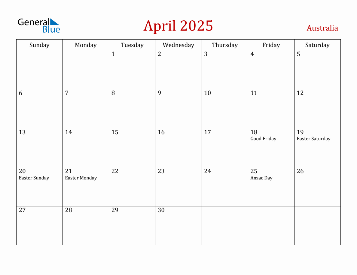 April 2025 Australia Monthly Calendar with Holidays