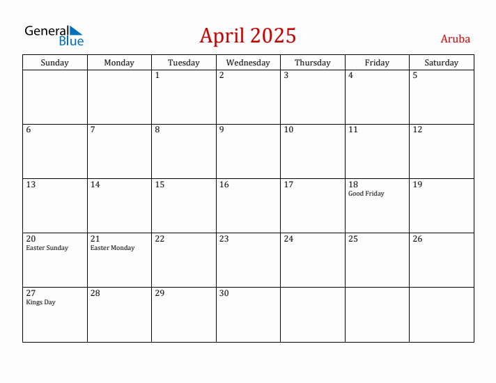 Aruba April 2025 Calendar - Sunday Start