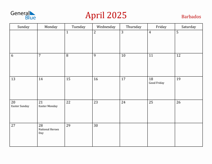 Barbados April 2025 Calendar - Sunday Start