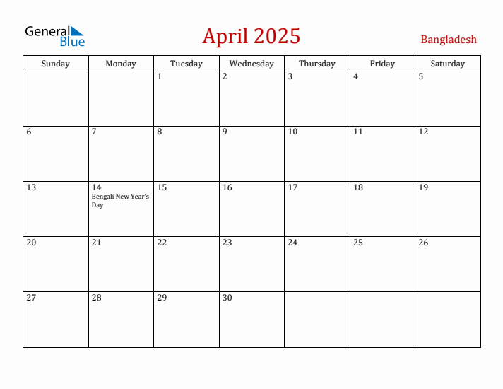 Bangladesh April 2025 Calendar - Sunday Start
