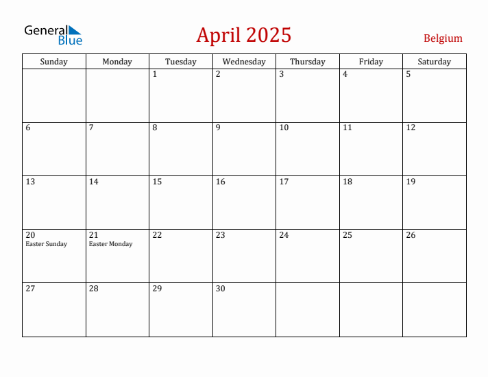Belgium April 2025 Calendar - Sunday Start