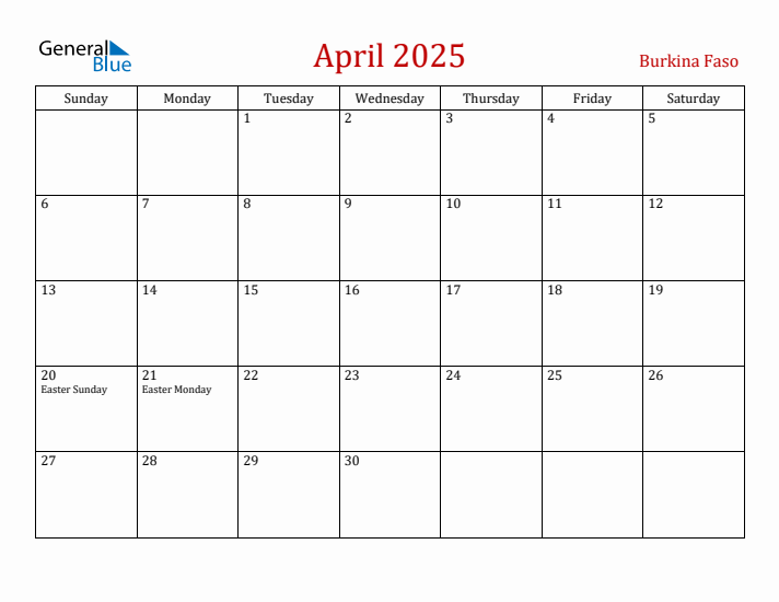 Burkina Faso April 2025 Calendar - Sunday Start