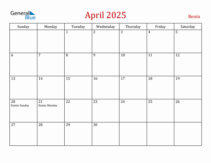 Benin April 2025 Calendar - Sunday Start