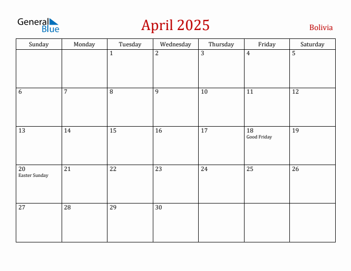 Bolivia April 2025 Calendar - Sunday Start