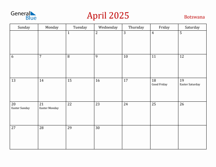 Botswana April 2025 Calendar - Sunday Start