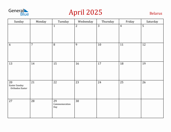 Belarus April 2025 Calendar - Sunday Start