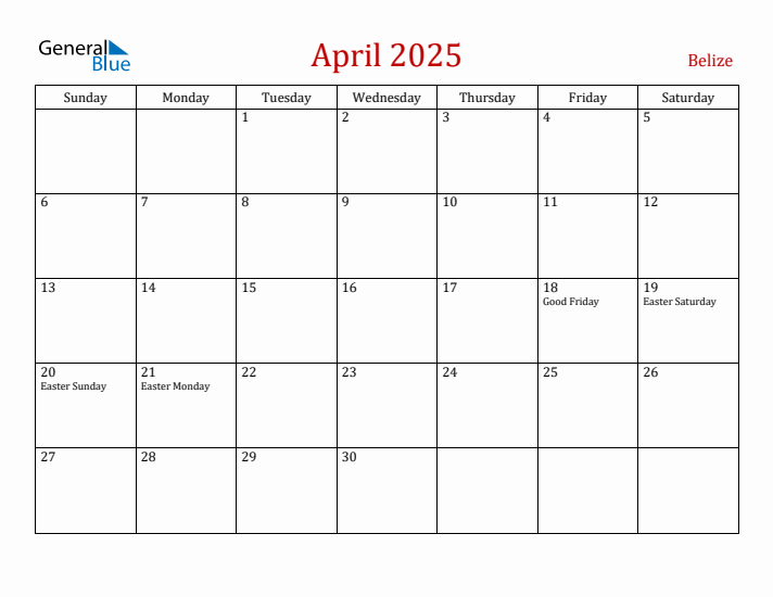 Belize April 2025 Calendar - Sunday Start