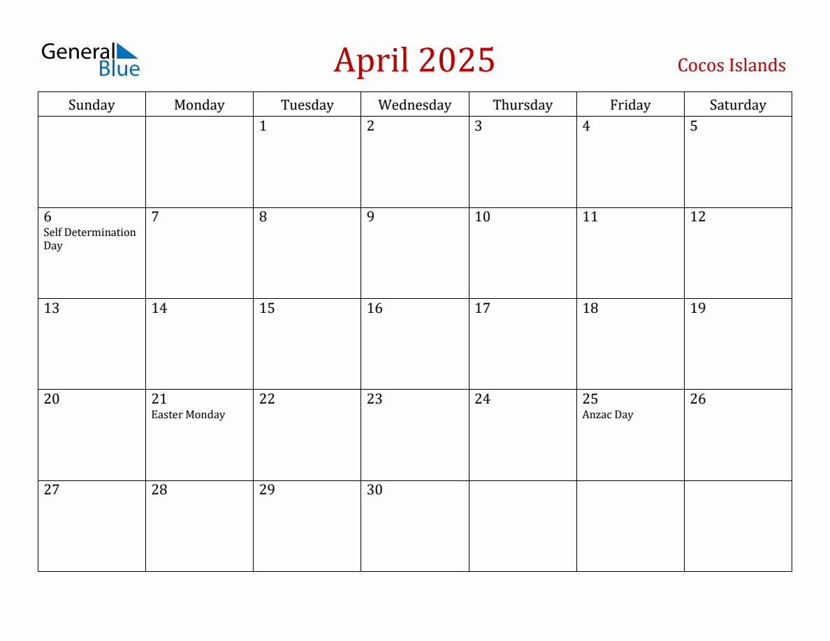 April 2025 Cocos Islands Monthly Calendar with Holidays