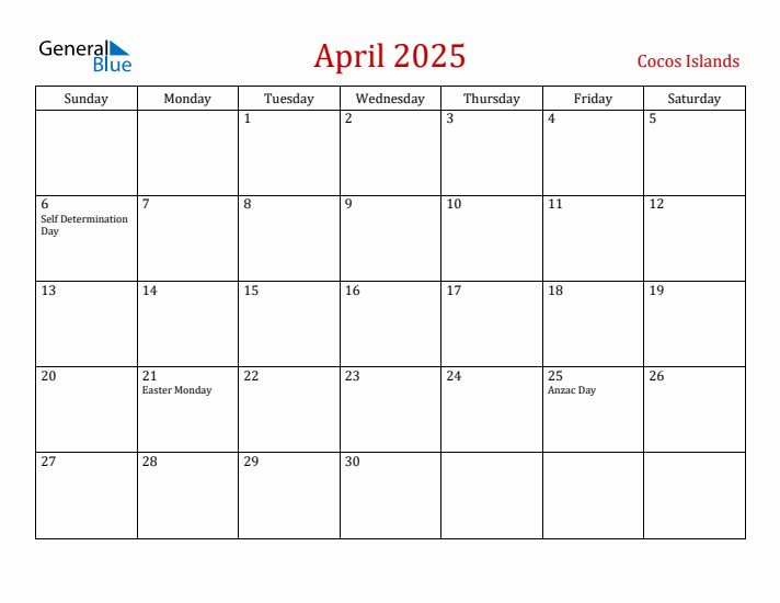 Cocos Islands April 2025 Calendar - Sunday Start