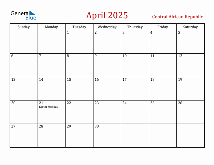 Central African Republic April 2025 Calendar - Sunday Start