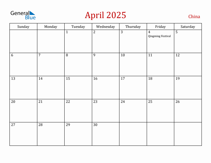 China April 2025 Calendar - Sunday Start
