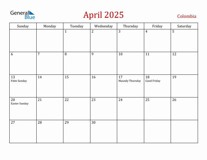 Colombia April 2025 Calendar - Sunday Start
