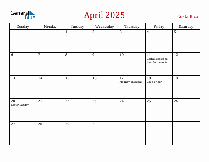 Costa Rica April 2025 Calendar - Sunday Start