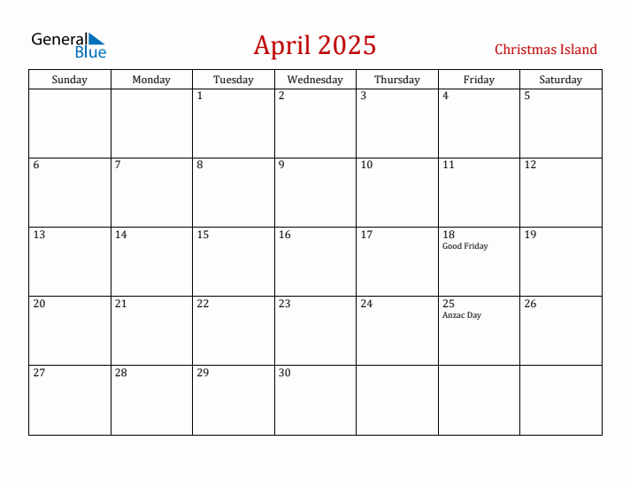 Christmas Island April 2025 Calendar - Sunday Start