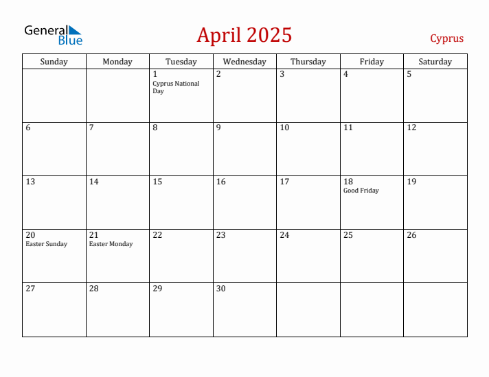 Cyprus April 2025 Calendar - Sunday Start