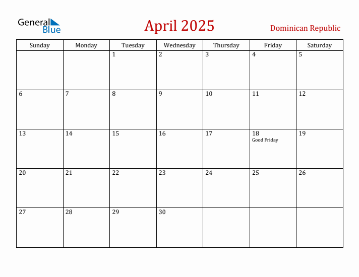 Dominican Republic April 2025 Calendar - Sunday Start