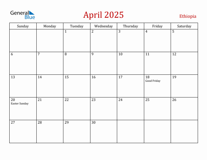 Ethiopia April 2025 Calendar - Sunday Start