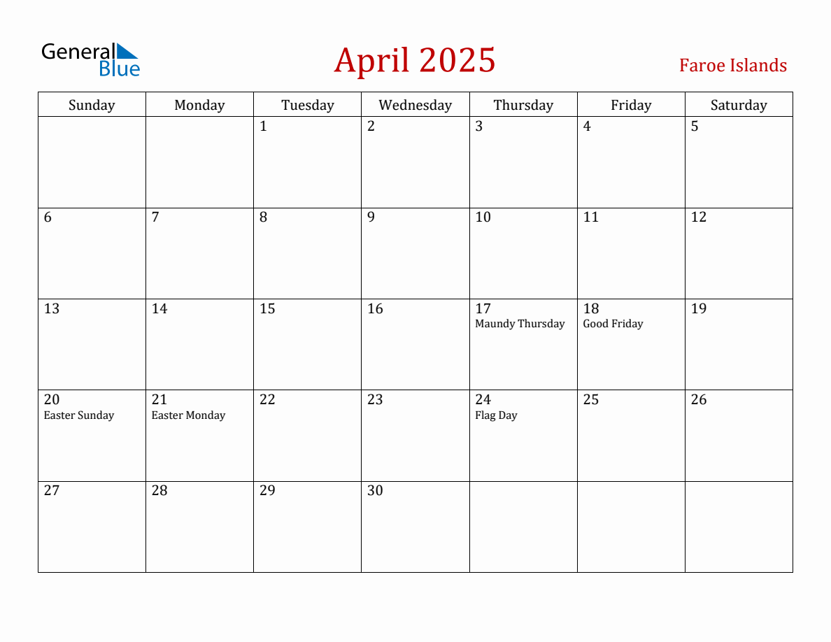 April 2025 Faroe Islands Monthly Calendar with Holidays