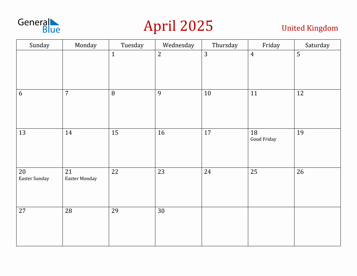 April 2025 United Kingdom Monthly Calendar with Holidays