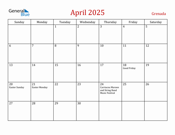 Grenada April 2025 Calendar - Sunday Start