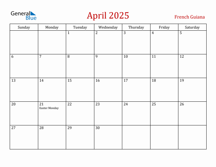 French Guiana April 2025 Calendar - Sunday Start