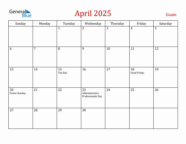 Guam April 2025 Calendar - Sunday Start