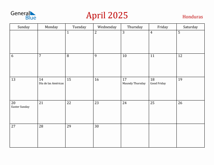 Honduras April 2025 Calendar - Sunday Start