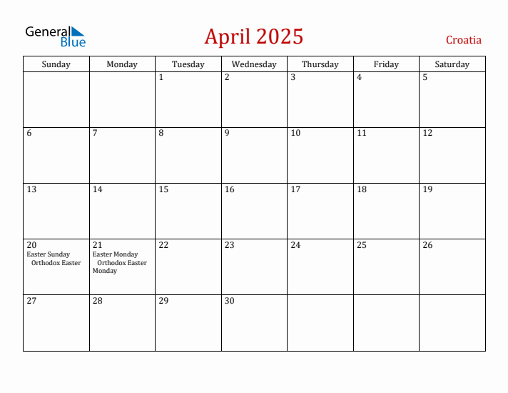Croatia April 2025 Calendar - Sunday Start
