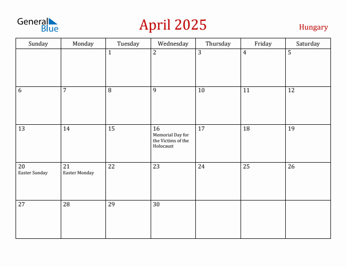 Hungary April 2025 Calendar - Sunday Start