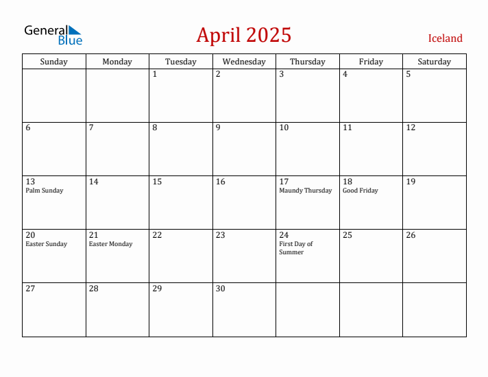 Iceland April 2025 Calendar - Sunday Start