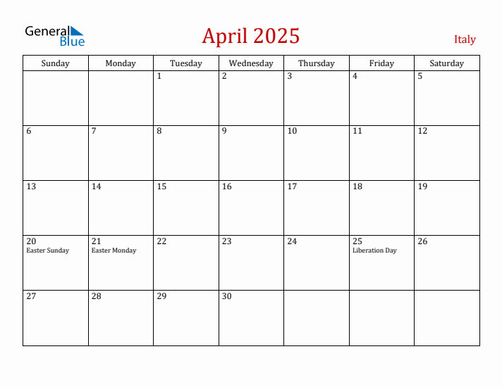 Italy April 2025 Calendar - Sunday Start