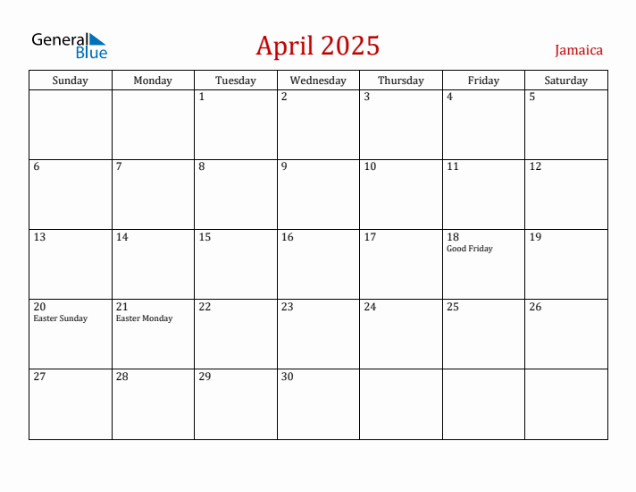 Jamaica April 2025 Calendar - Sunday Start