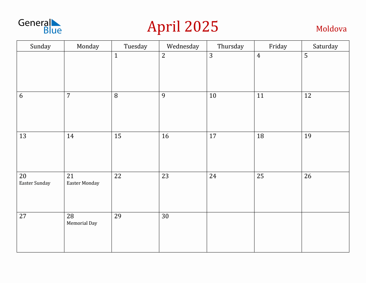 April 2025 Moldova Monthly Calendar with Holidays